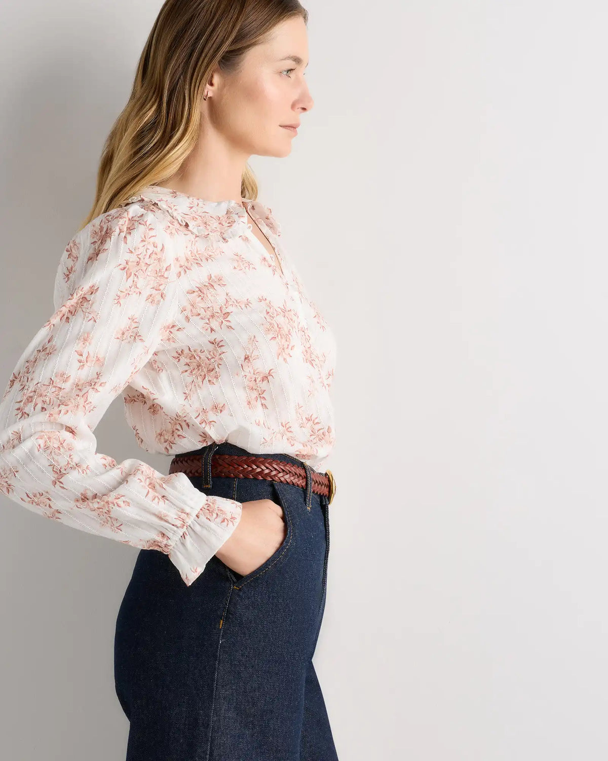 Embroidered Cotton Ruffle Collar Long Sleeve Blouse