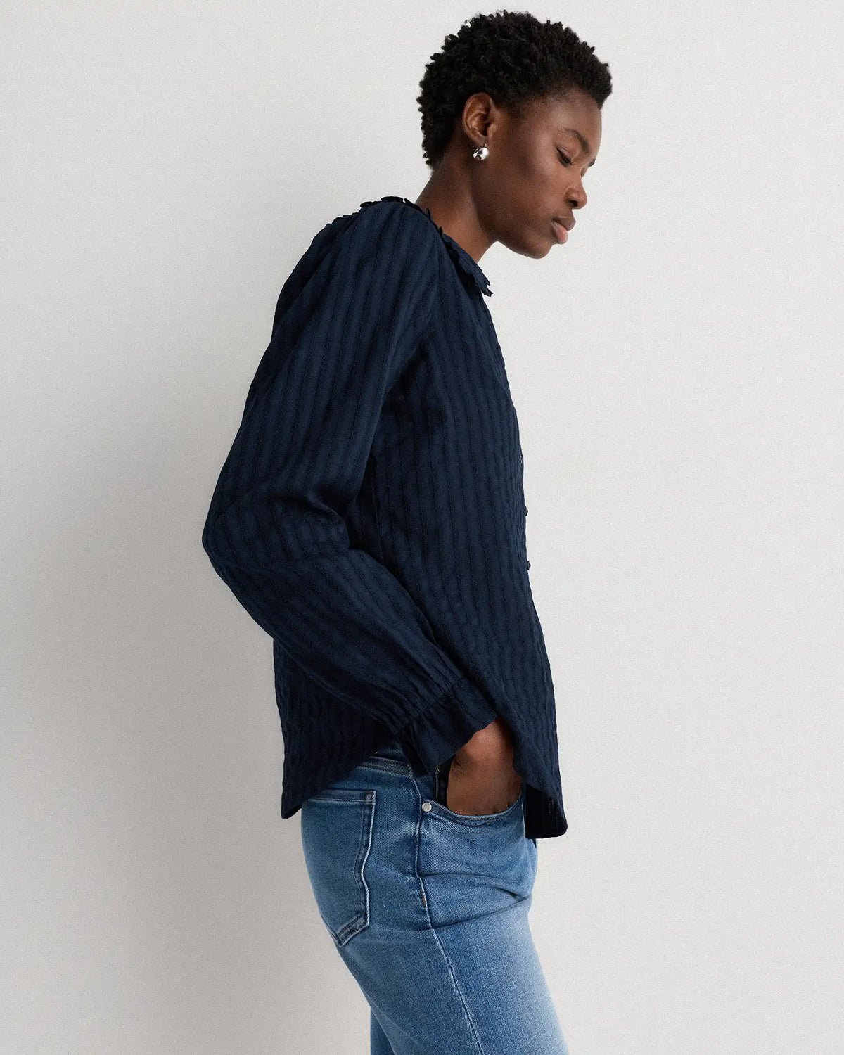 Embroidered Cotton Ruffle Collar Long Sleeve Blouse