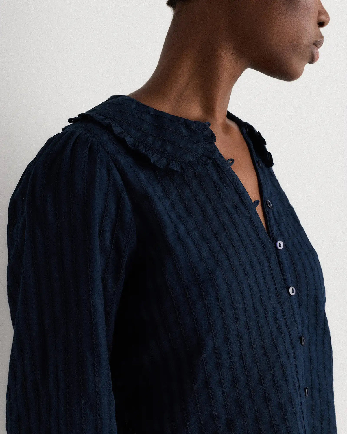 Embroidered Cotton Ruffle Collar Long Sleeve Blouse
