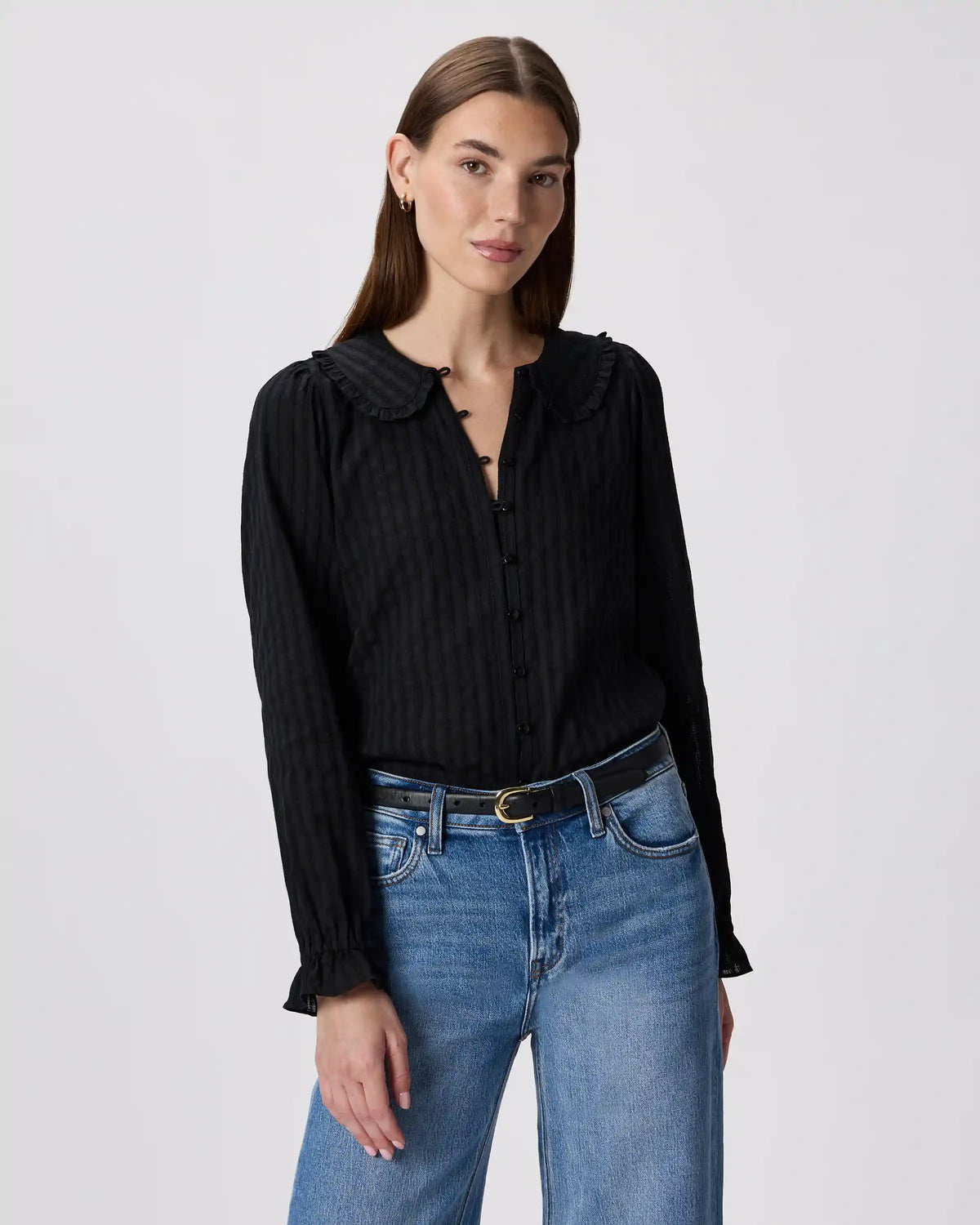Embroidered Cotton Ruffle Collar Long Sleeve Blouse