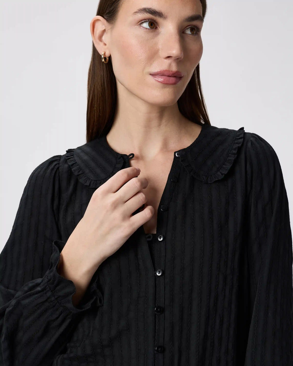 Embroidered Cotton Ruffle Collar Long Sleeve Blouse