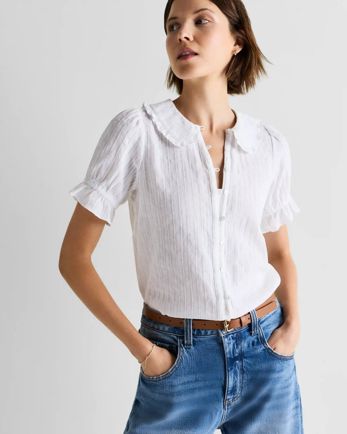 Embroidered Cotton Ruffle Collar Short Sleeve Blouse