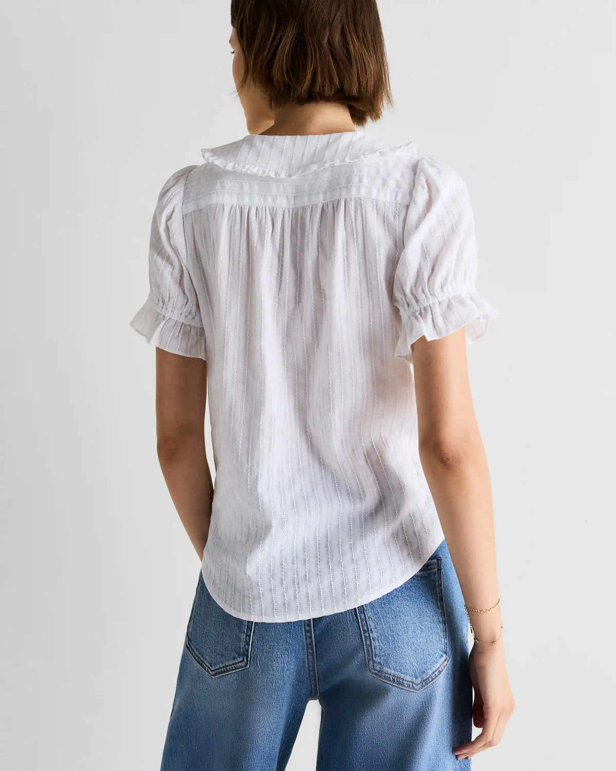 Embroidered Cotton Ruffle Collar Short Sleeve Blouse