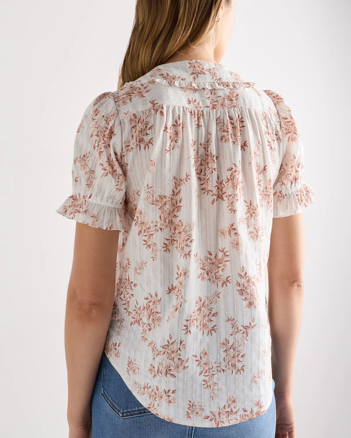Embroidered Cotton Ruffle Collar Short Sleeve Blouse