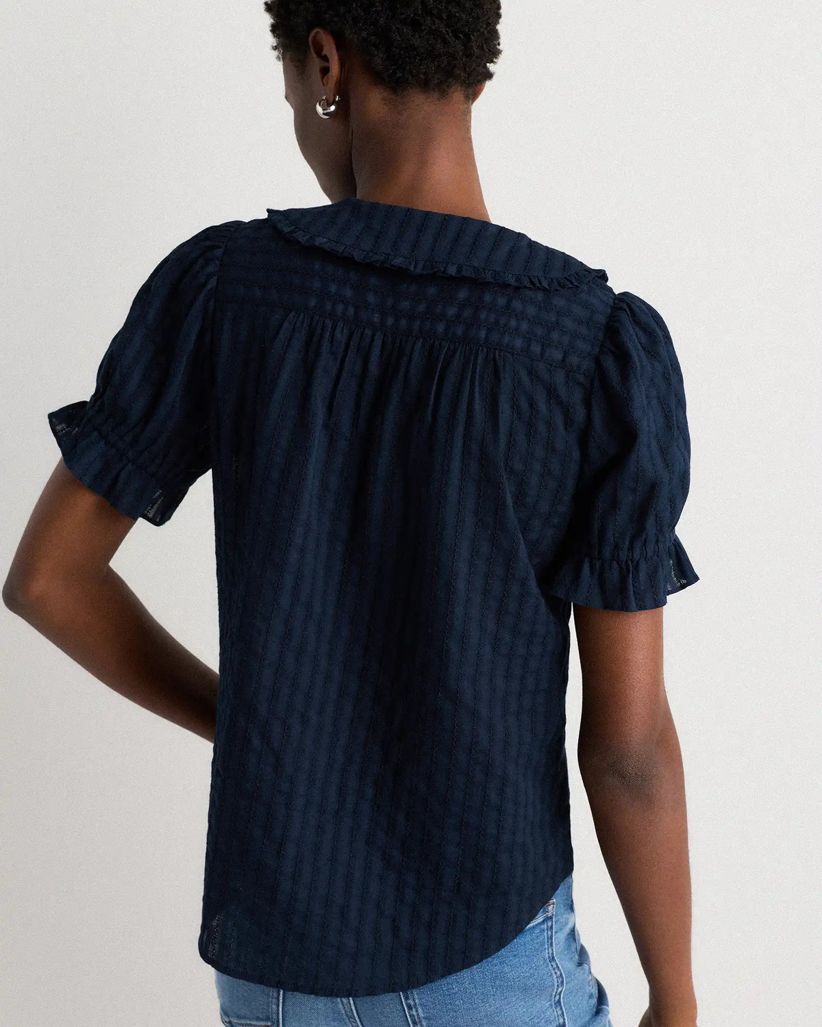 Embroidered Cotton Ruffle Collar Short Sleeve Blouse