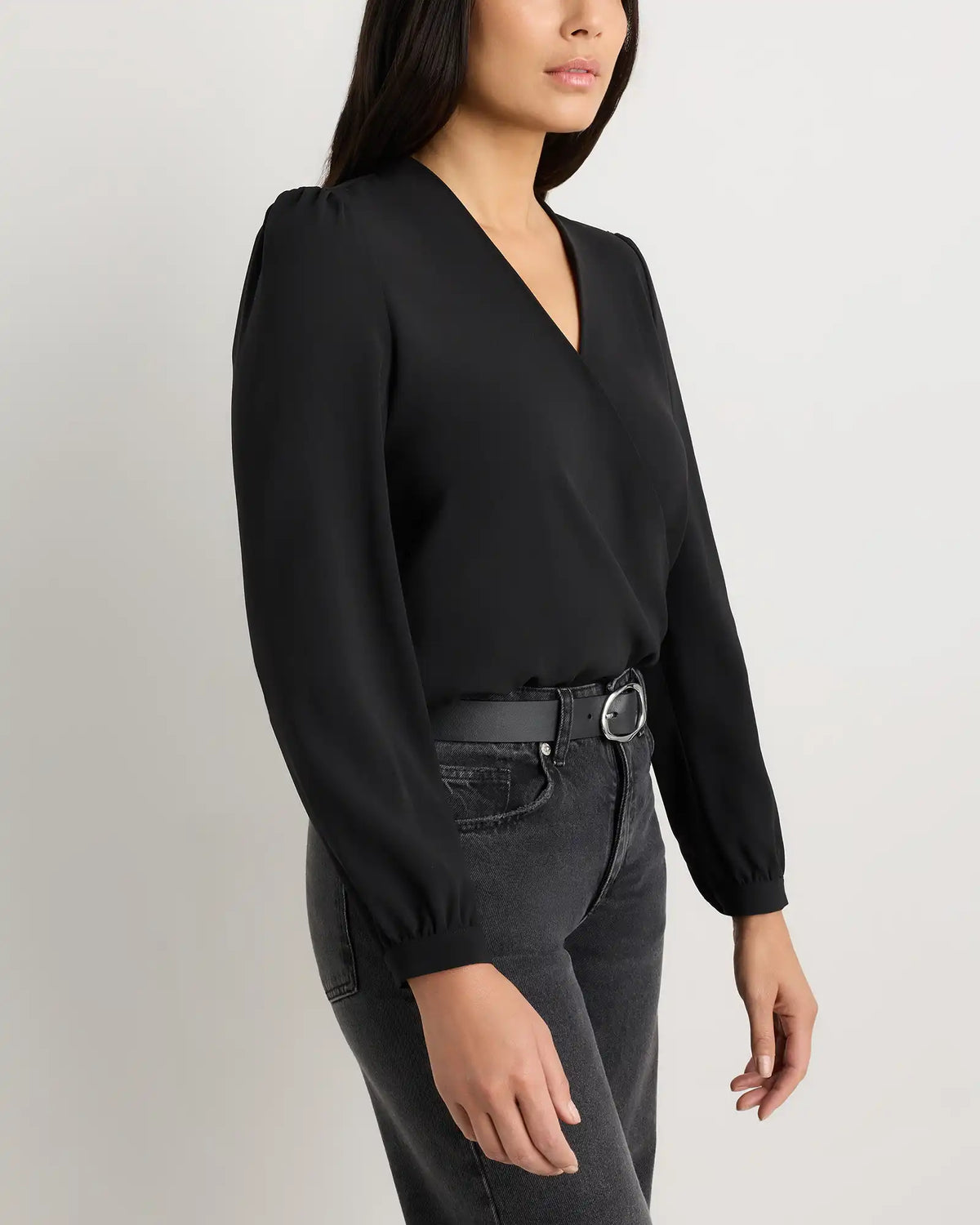 Fluid Crepe Surplice Long Sleeve Blouse