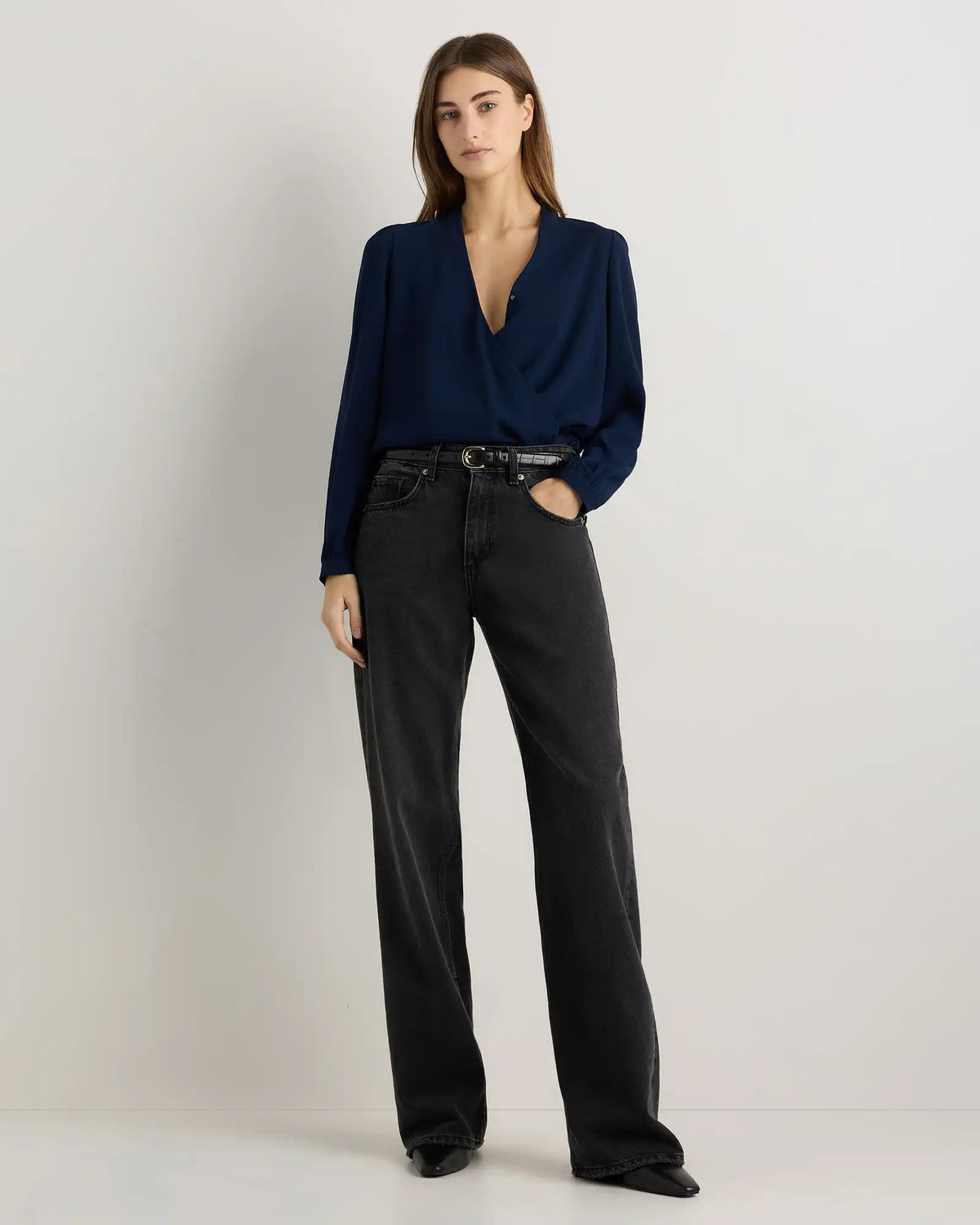 Fluid Crepe Surplice Long Sleeve Blouse