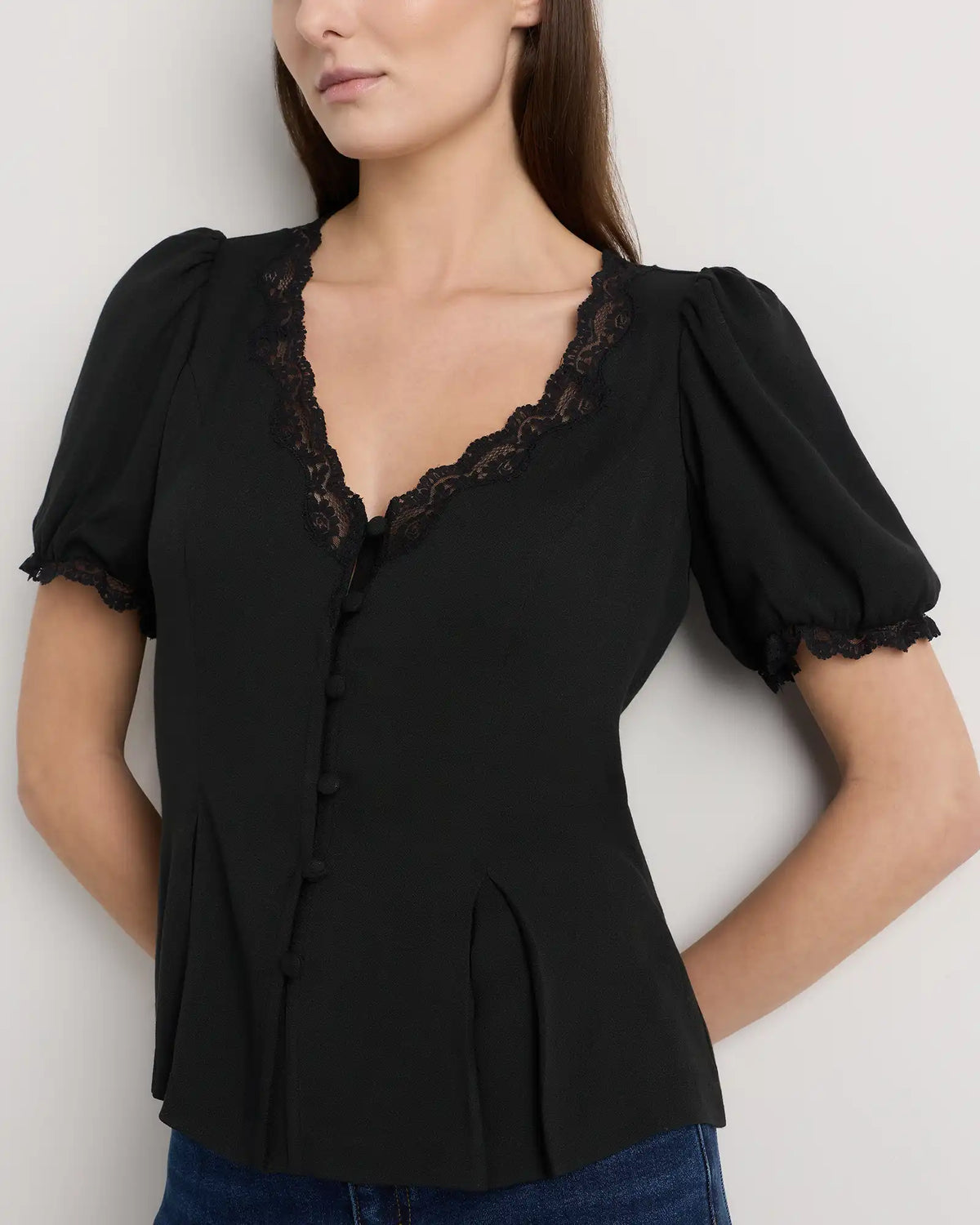 Lightweight Crepe Lace Puff Sleeve Blouse