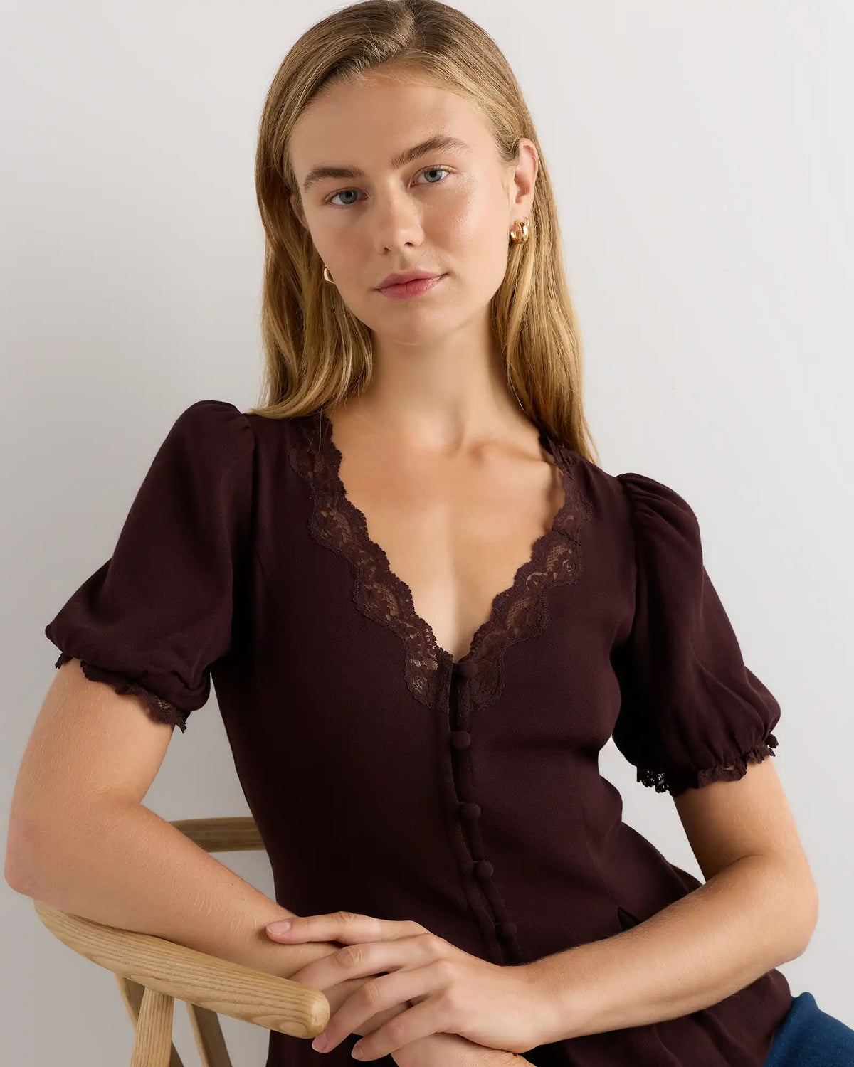 Lightweight Crepe Lace Puff Sleeve Blouse