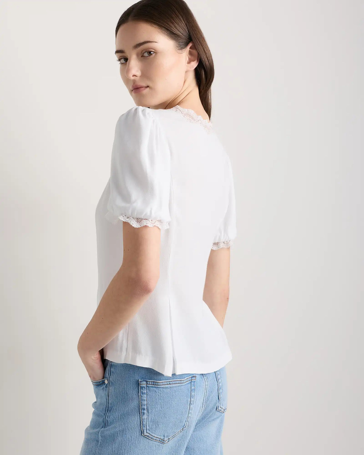 Lightweight Crepe Lace Puff Sleeve Blouse