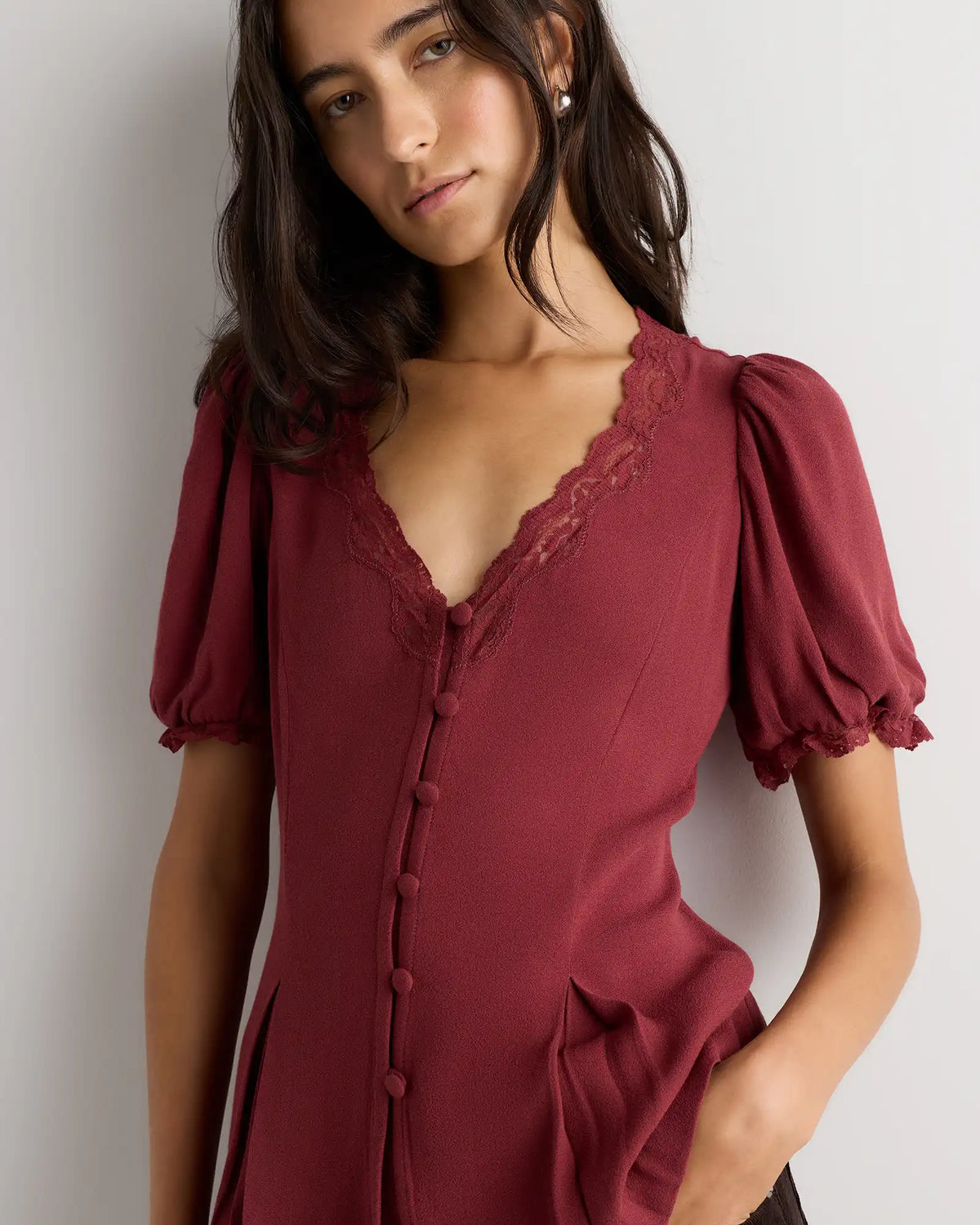Lightweight Crepe Lace Puff Sleeve Blouse