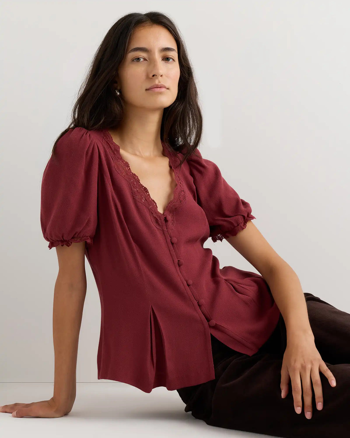 Lightweight Crepe Lace Puff Sleeve Blouse