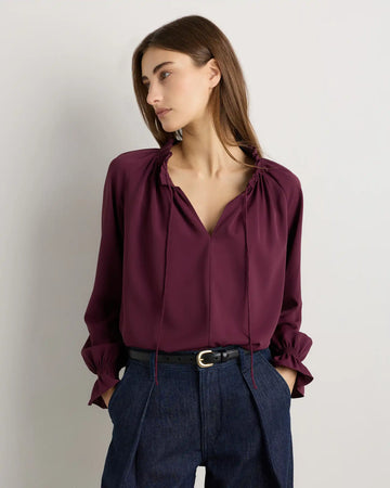 Drapey Chiffon Split Neck Long Sleeve Blouse