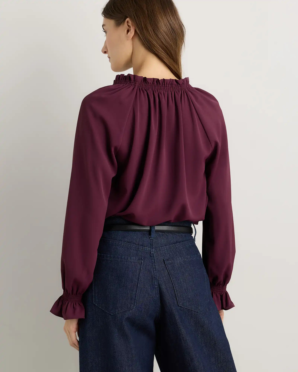 Drapey Chiffon Split Neck Long Sleeve Blouse