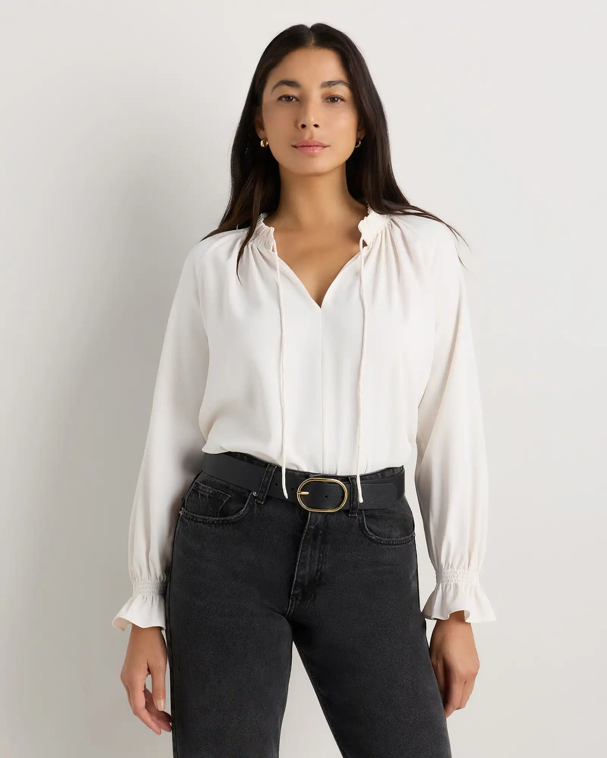 Drapey Chiffon Split Neck Long Sleeve Blouse