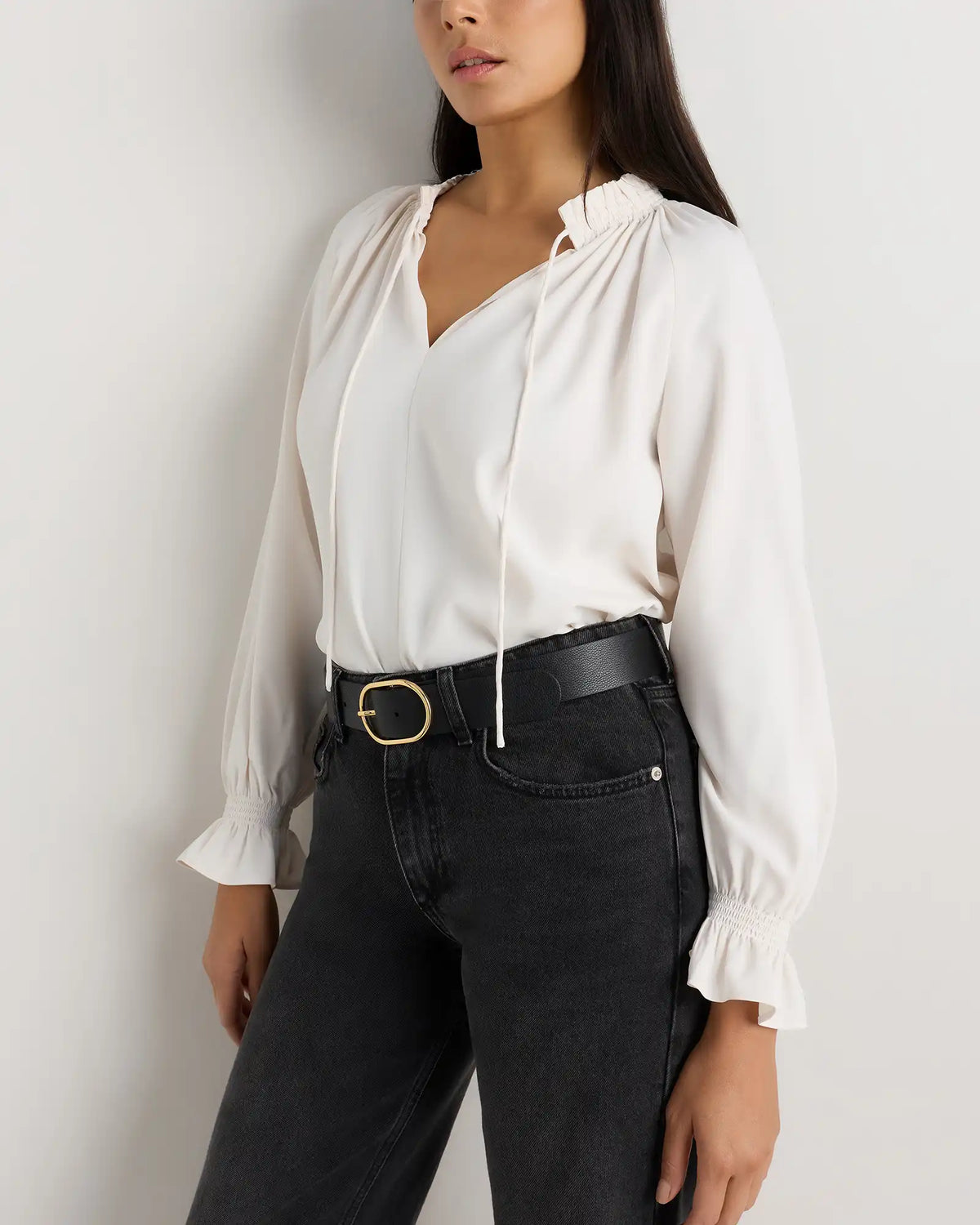 Drapey Chiffon Split Neck Long Sleeve Blouse