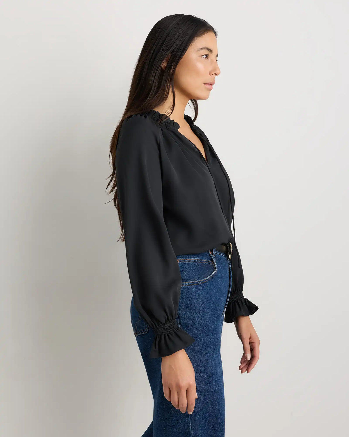 Drapey Chiffon Split Neck Long Sleeve Blouse