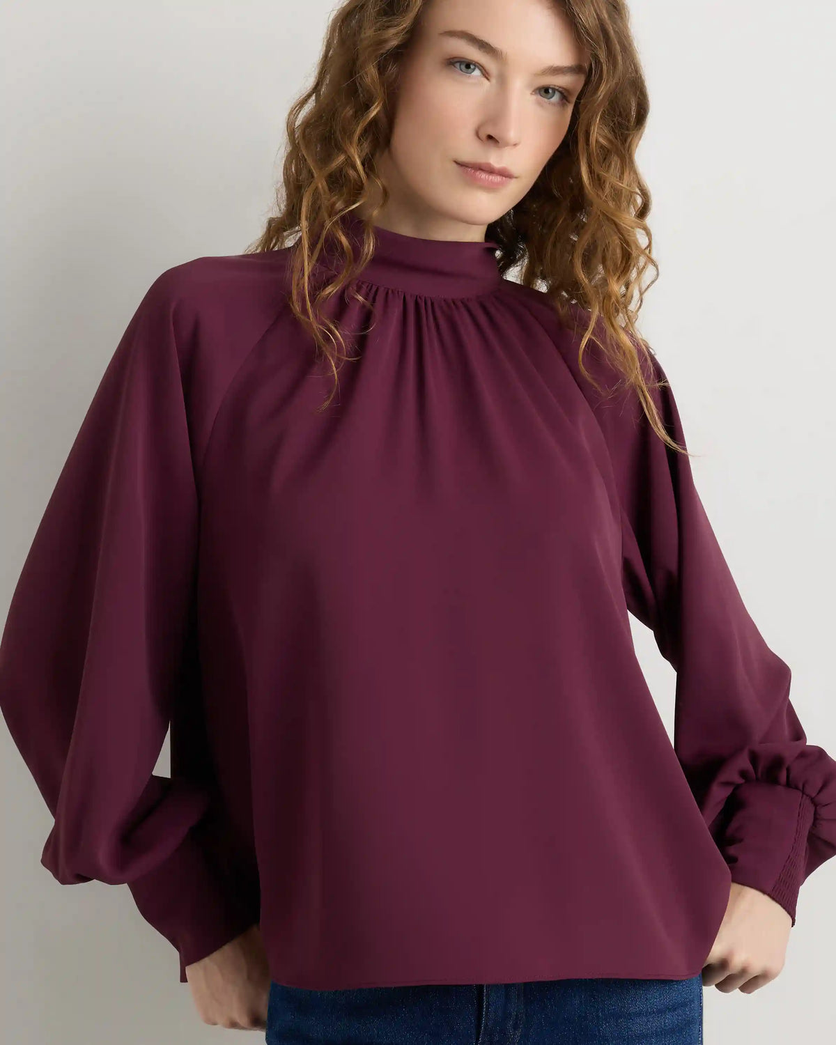 Drapey Chiffon Mock Neck Long Sleeve Blouse