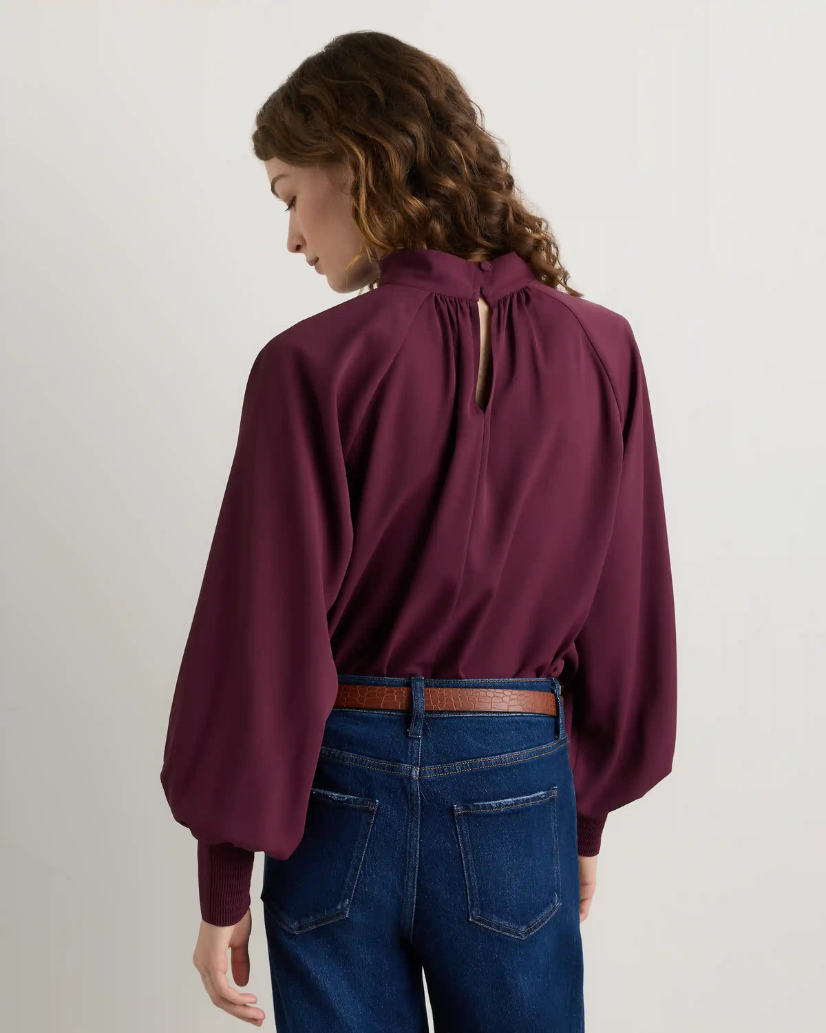 Drapey Chiffon Mock Neck Long Sleeve Blouse