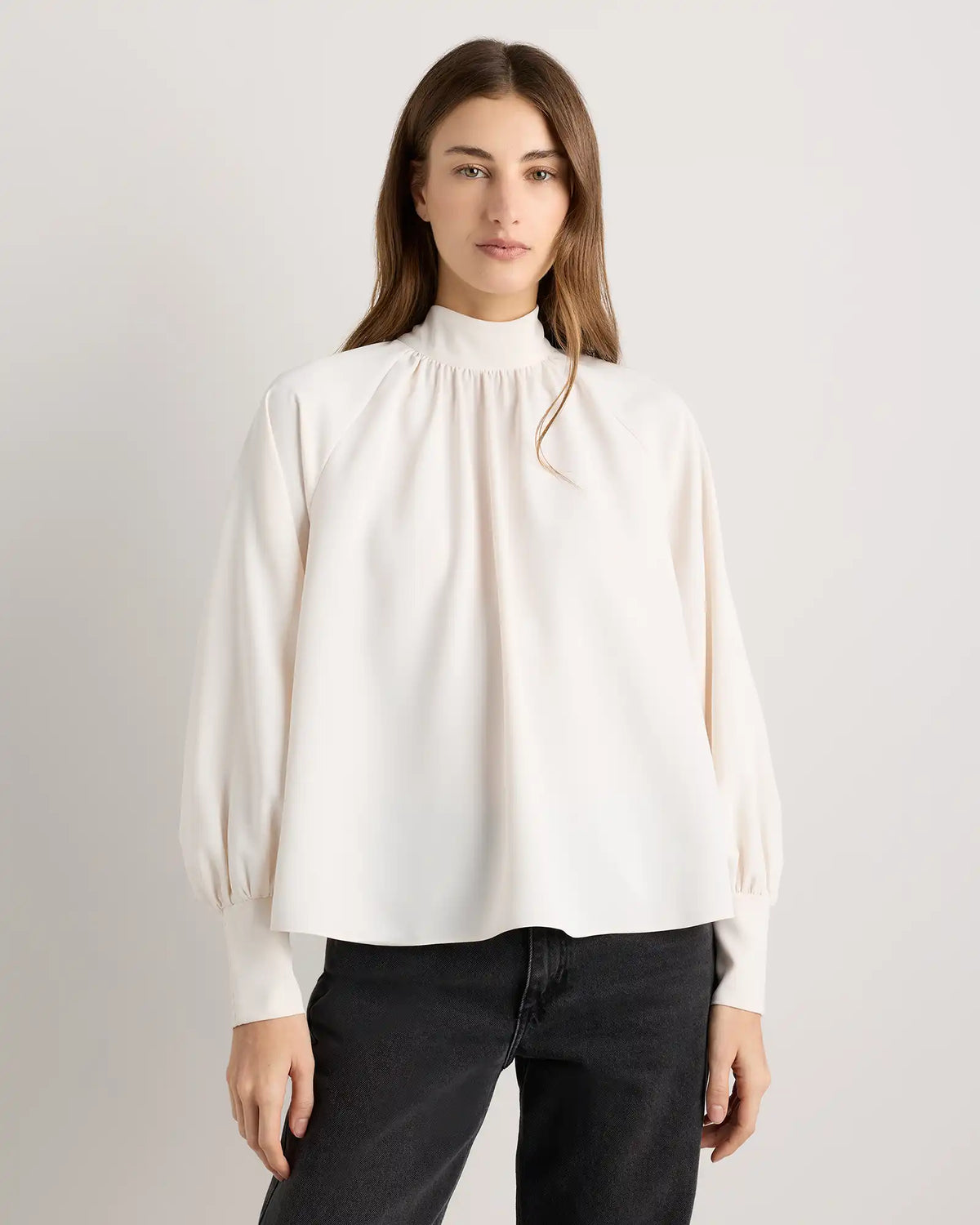 Drapey Chiffon Mock Neck Long Sleeve Blouse
