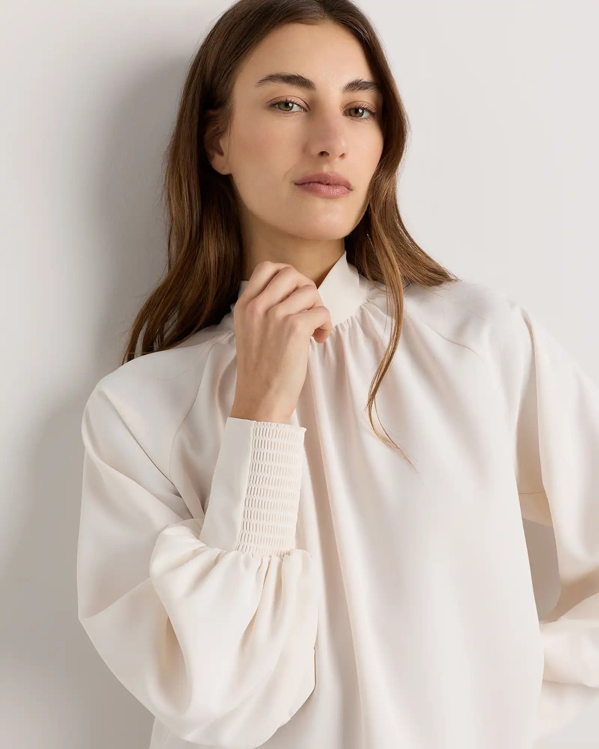 Drapey Chiffon Mock Neck Long Sleeve Blouse