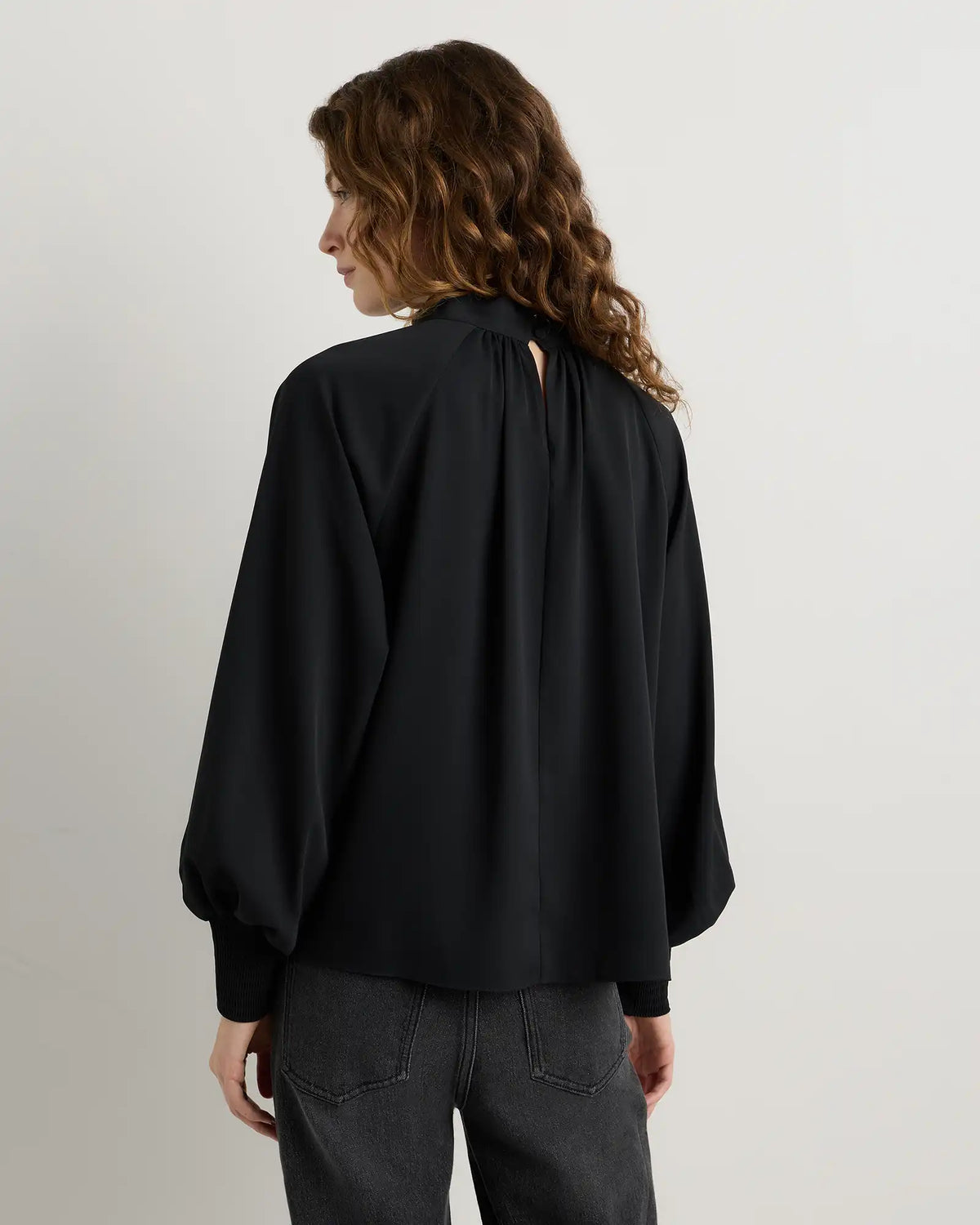 Drapey Chiffon Mock Neck Long Sleeve Blouse