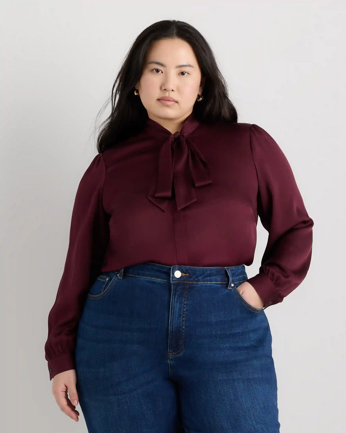 Washable Stretch Silk Tie Neck Blouse
