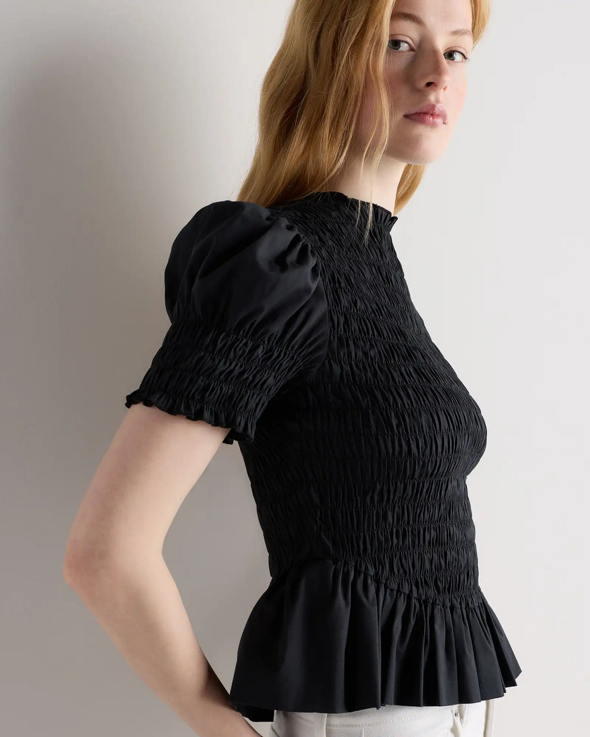 Cotton Viscose Voile Smocked Peplum Top