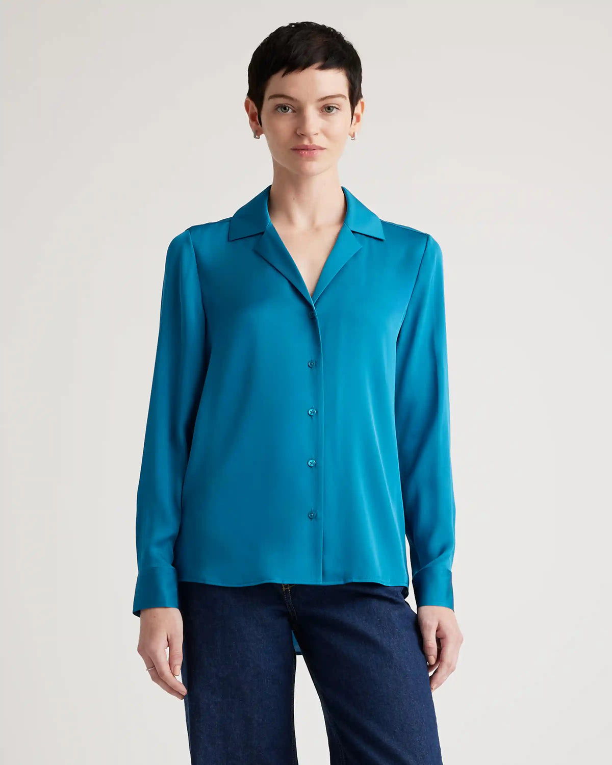 Washable Stretch Silk Notch Collar Blouse