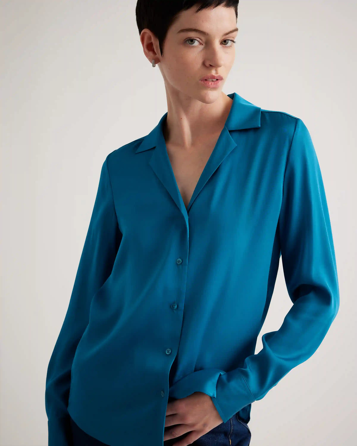 Washable Stretch Silk Notch Collar Blouse