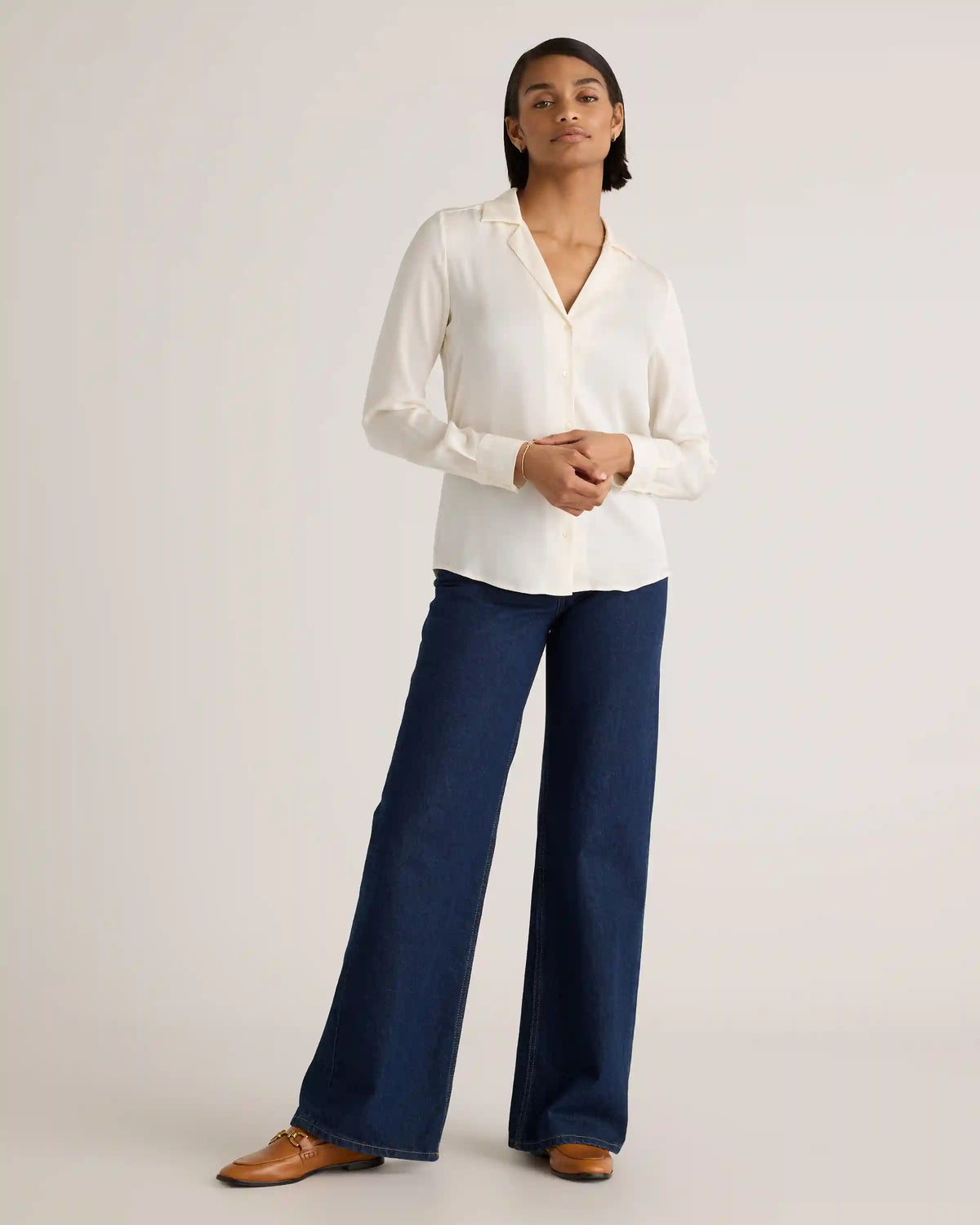 Washable Stretch Silk Notch Collar Blouse