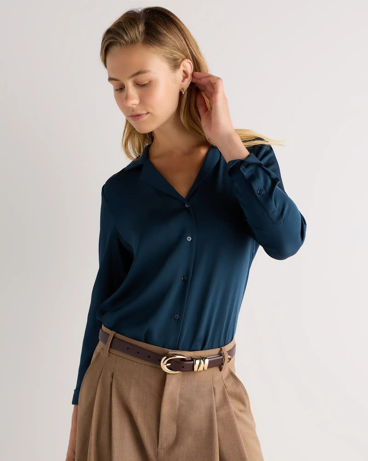 Washable Stretch Silk Notch Collar Blouse
