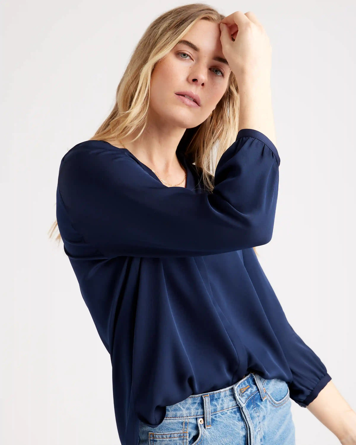 Washable Stretch Silk Pleat Back Blouse