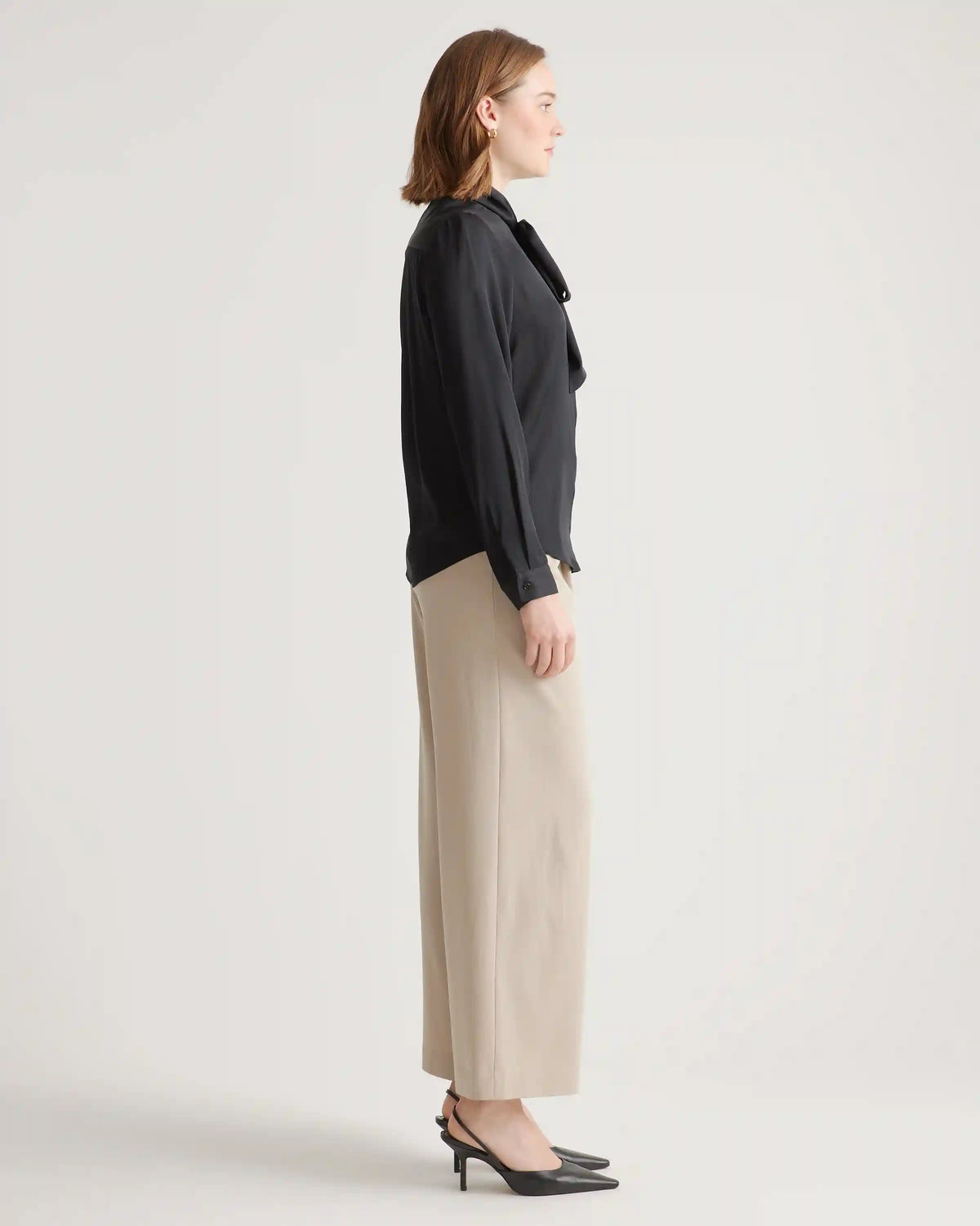 Washable Stretch Silk Tie Neck Blouse