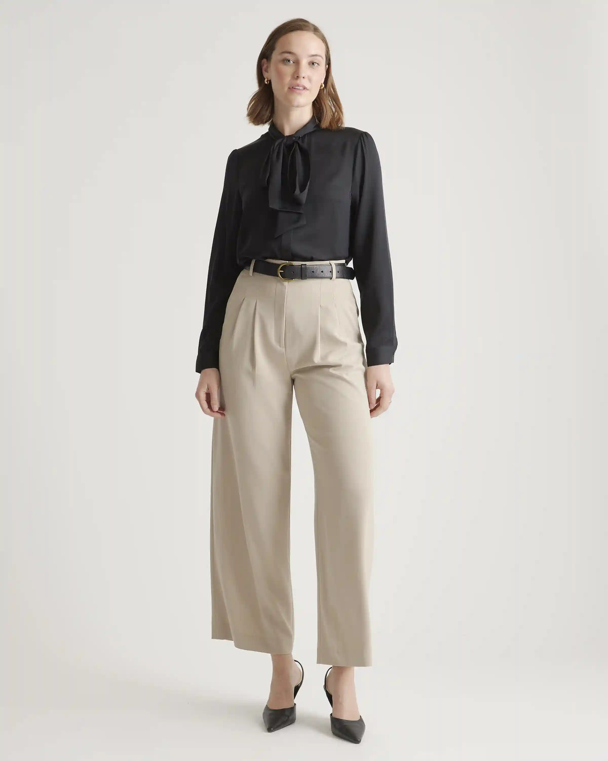 Washable Stretch Silk Tie Neck Blouse