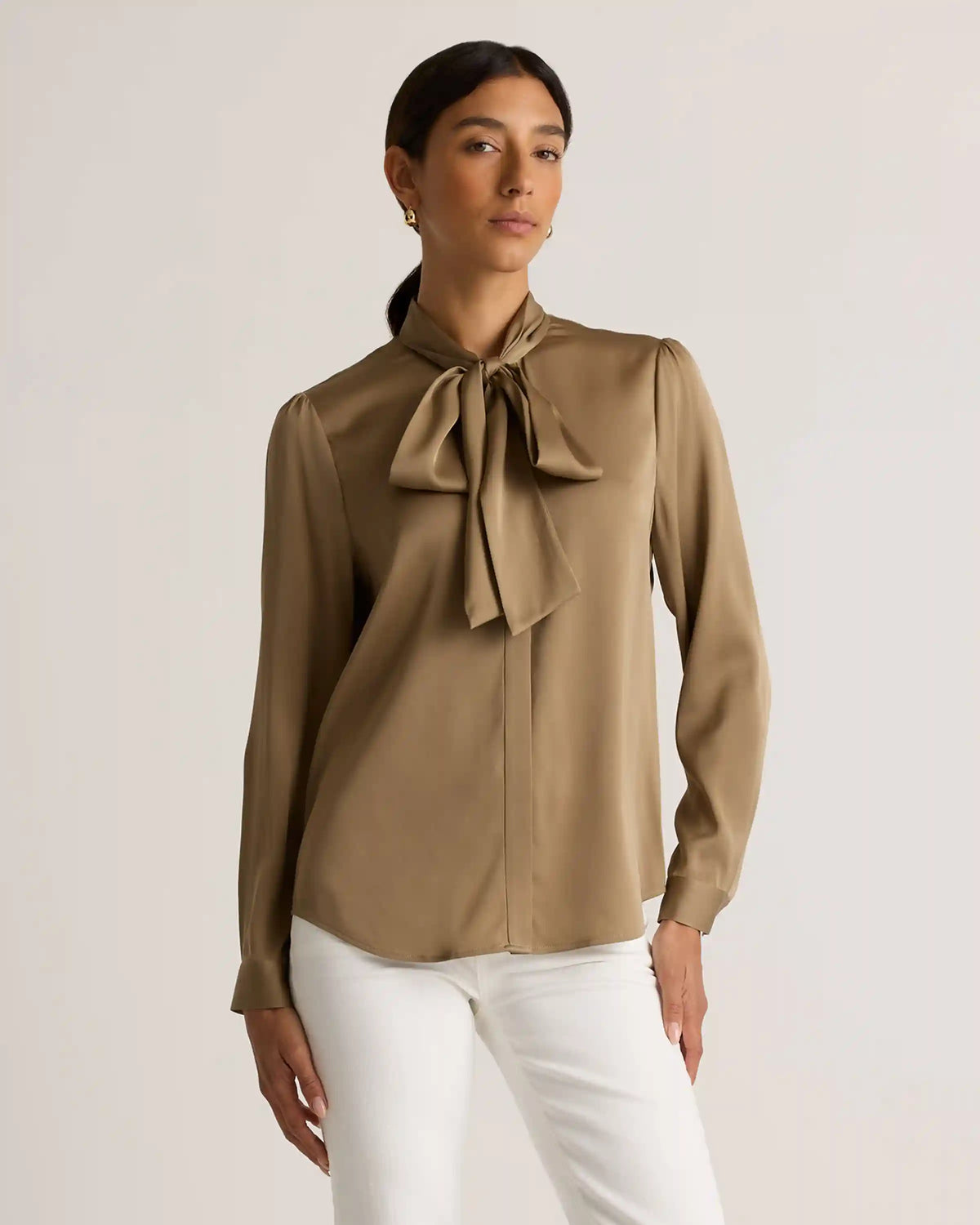 Washable Stretch Silk Tie Neck Blouse