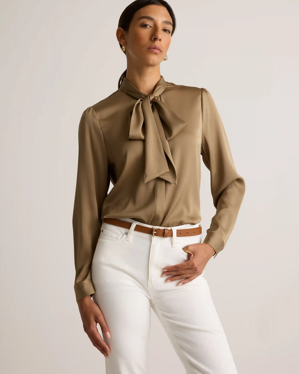 Washable Stretch Silk Tie Neck Blouse