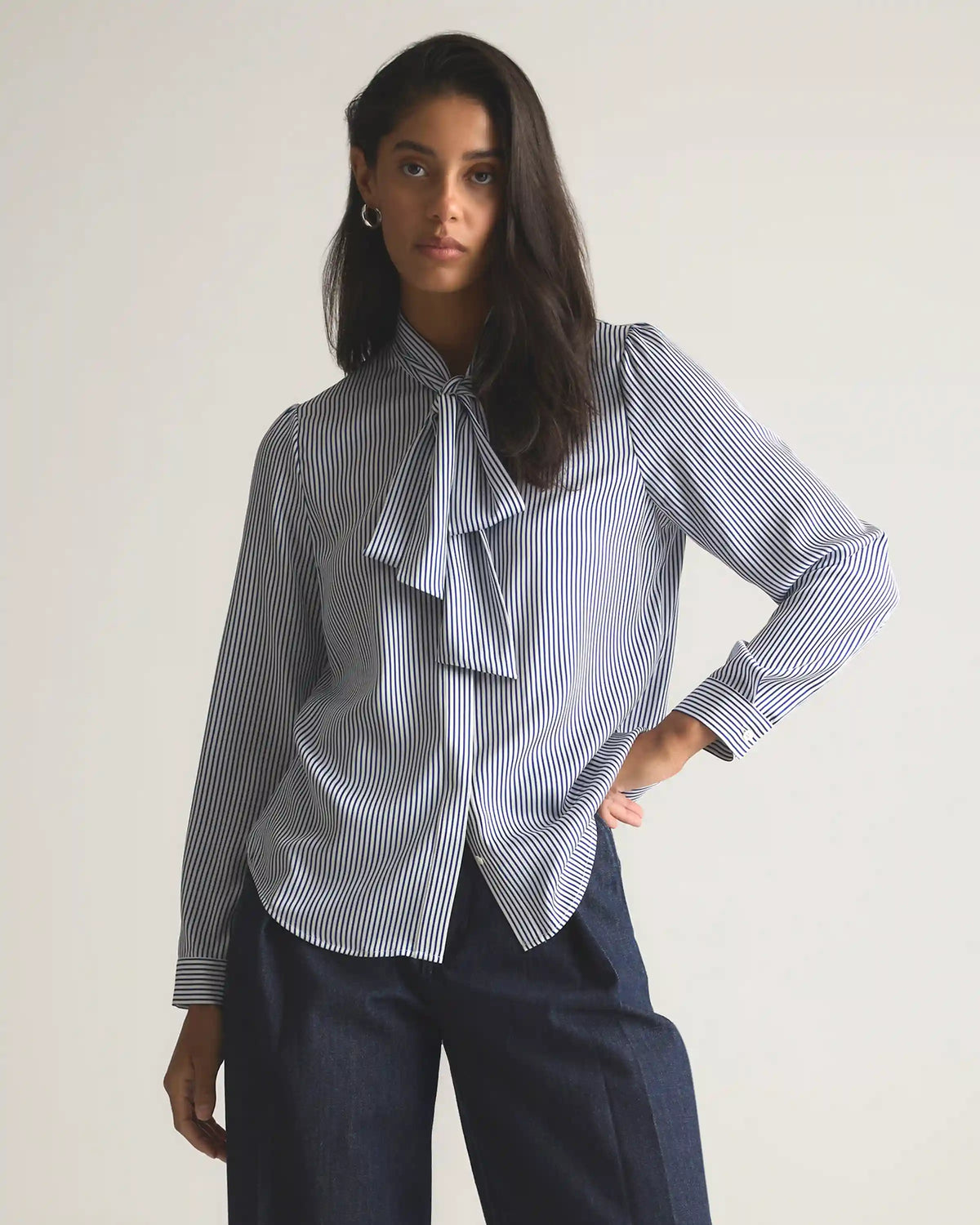 Washable Stretch Silk Tie Neck Blouse