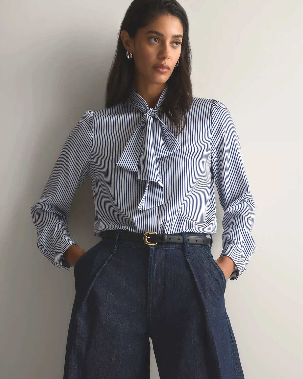 Washable Stretch Silk Tie Neck Blouse