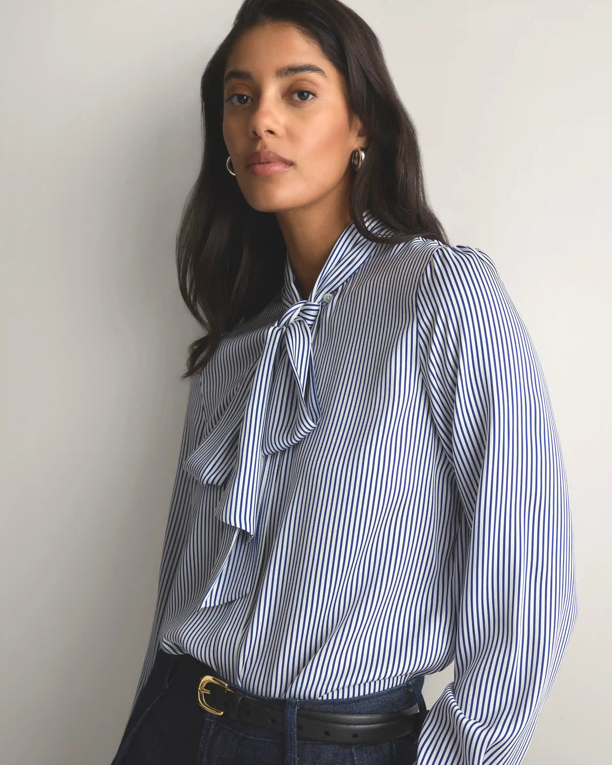 Washable Stretch Silk Tie Neck Blouse