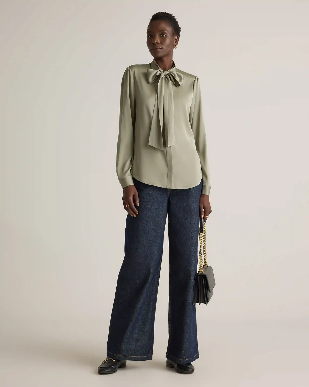 Washable Stretch Silk Tie Neck Blouse