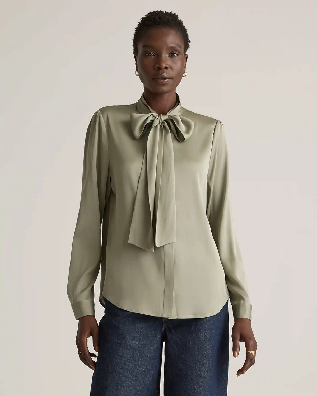 Washable Stretch Silk Tie Neck Blouse