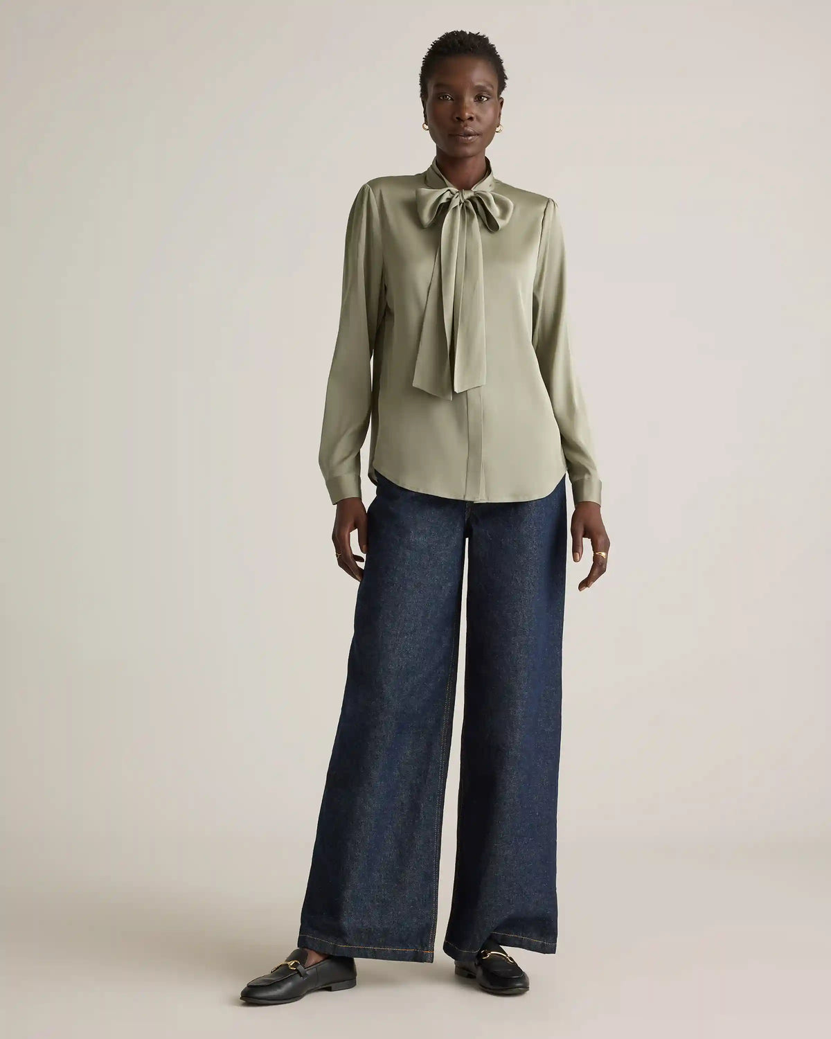 Washable Stretch Silk Tie Neck Blouse