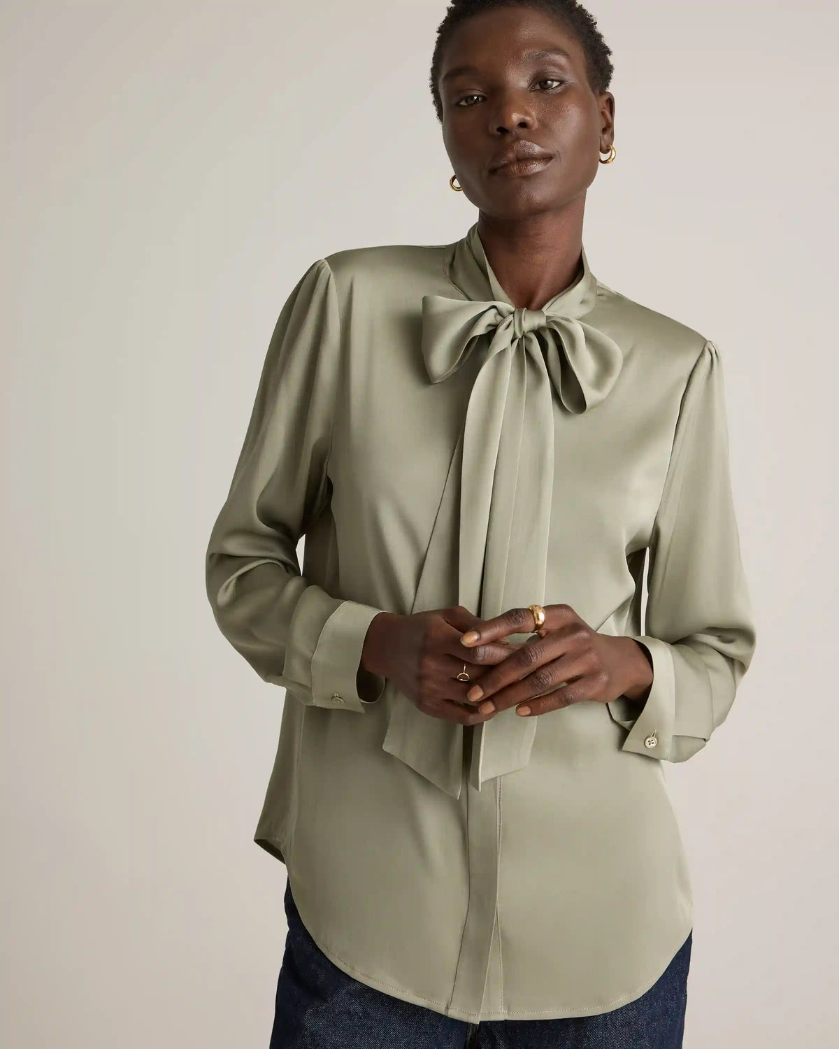 Washable Stretch Silk Tie Neck Blouse