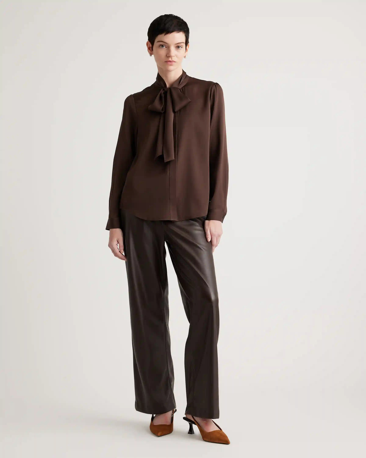 Washable Stretch Silk Tie Neck Blouse