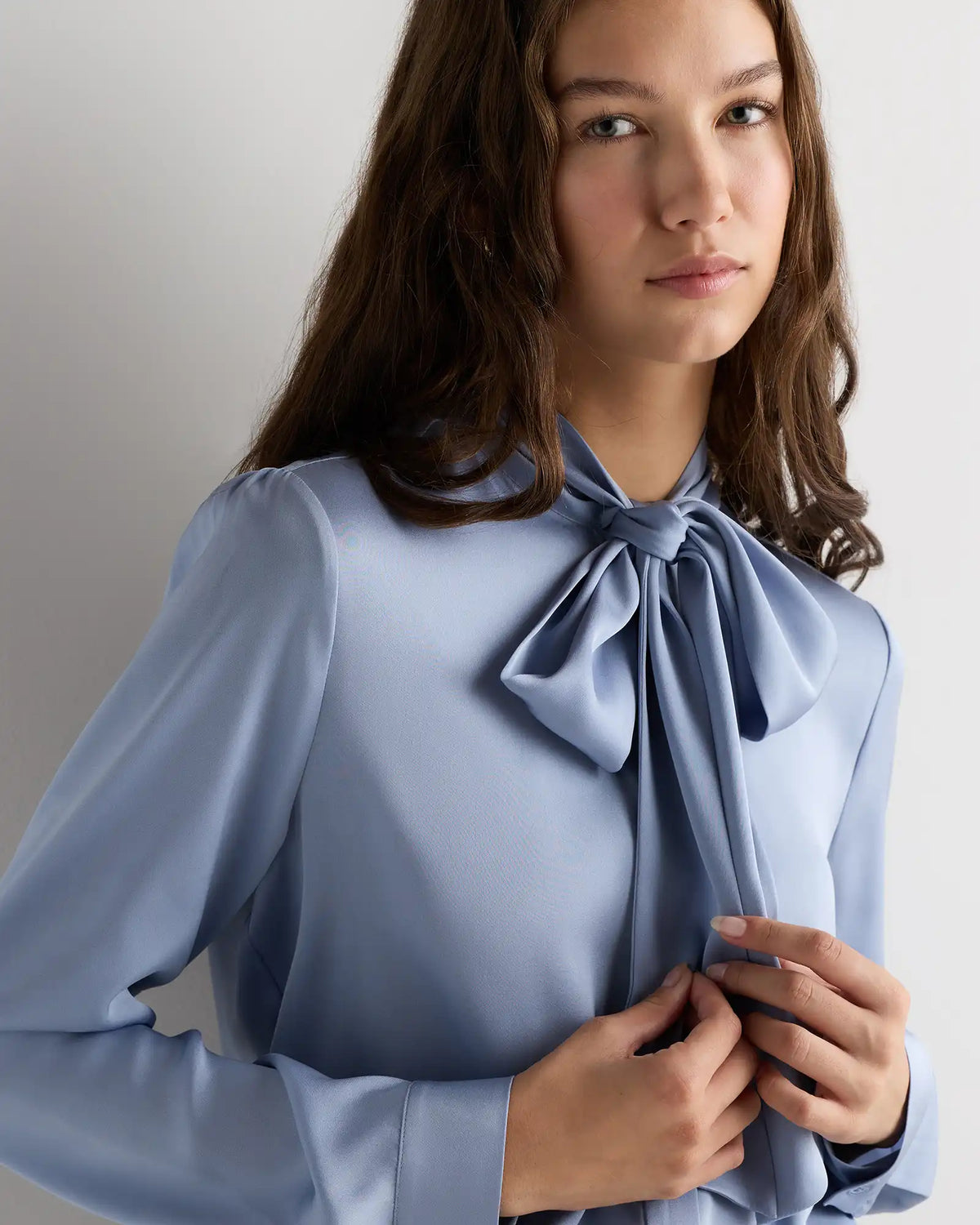Washable Stretch Silk Tie Neck Blouse