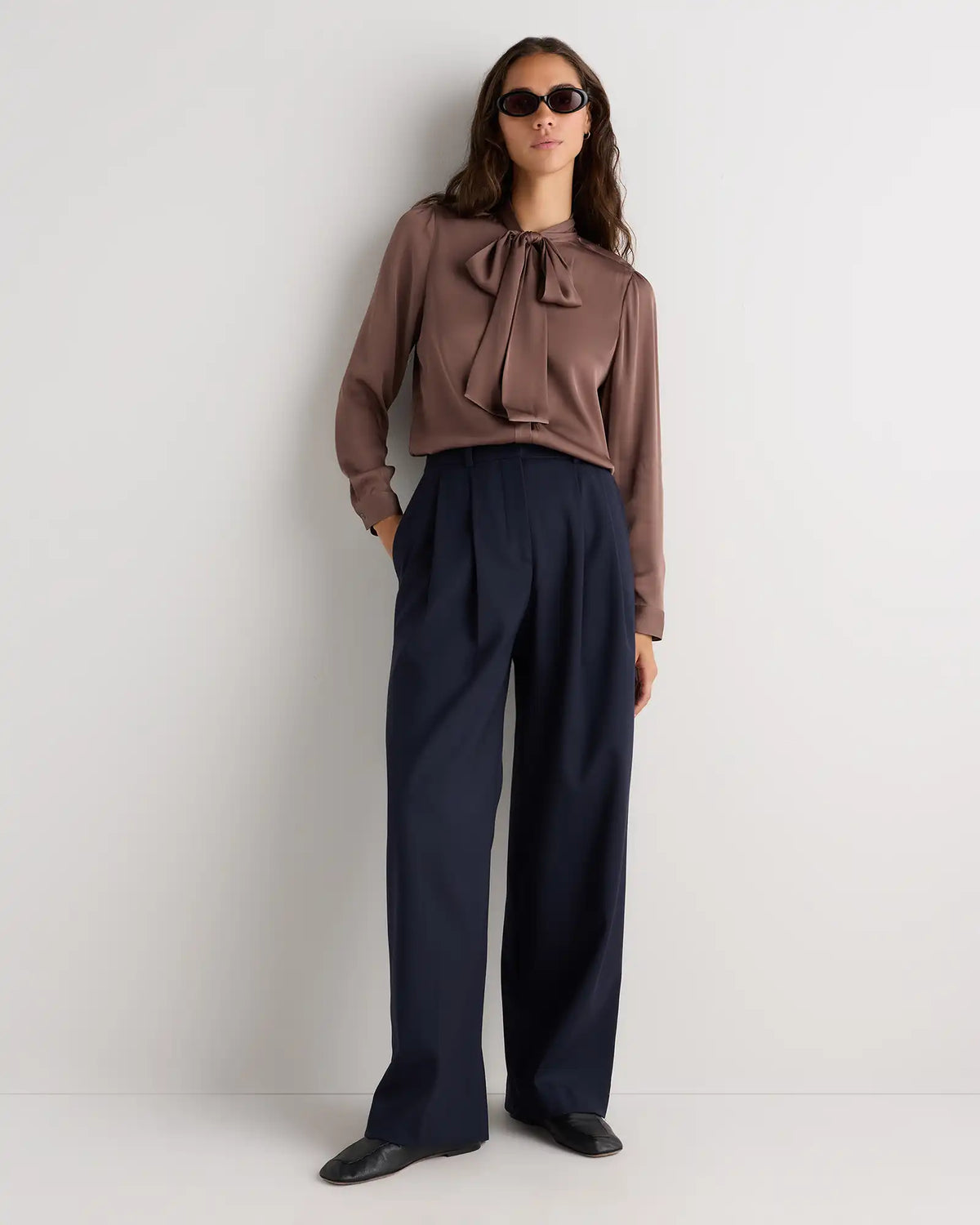 Washable Stretch Silk Tie Neck Blouse