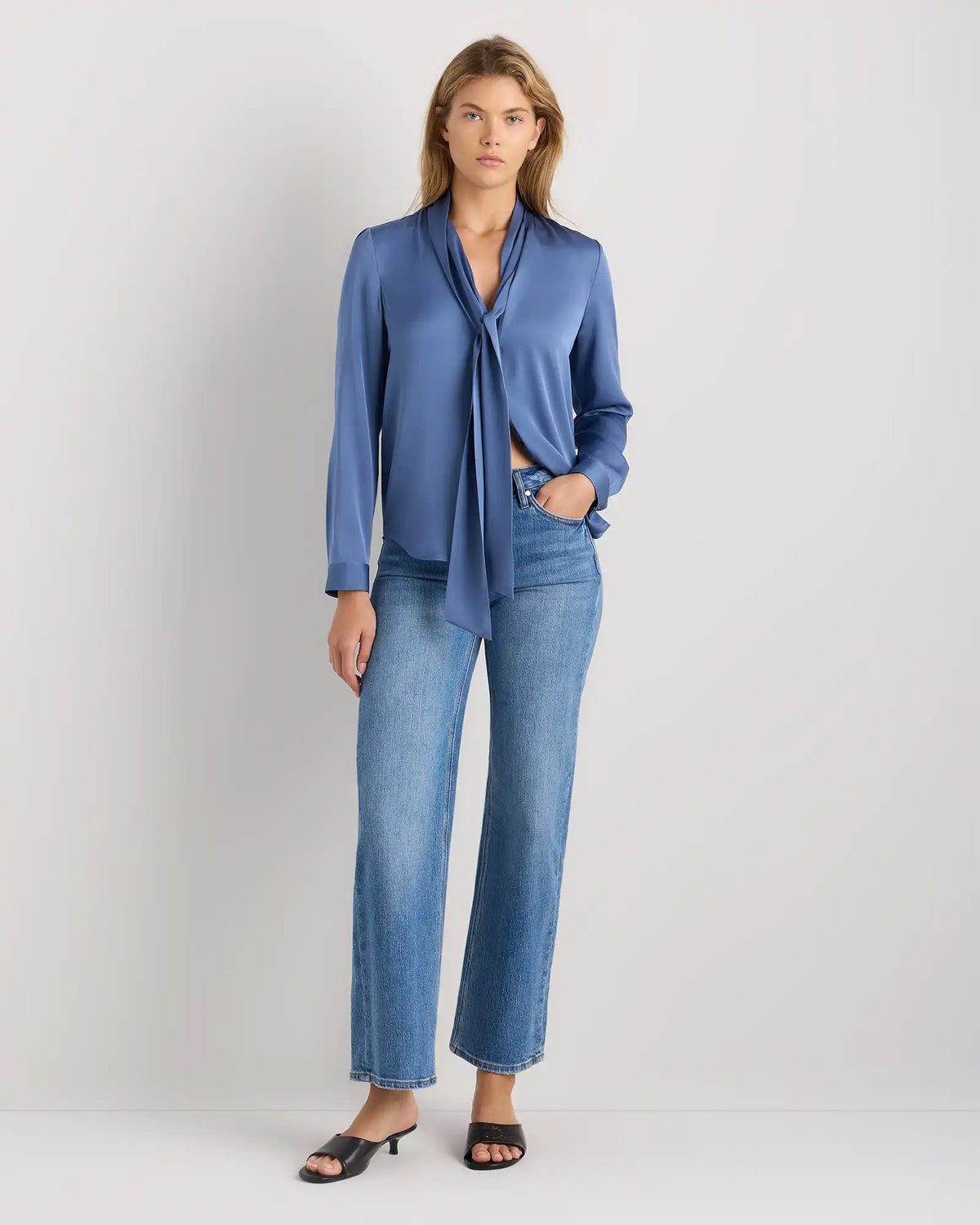 Washable Stretch Silk Tie Neck Blouse
