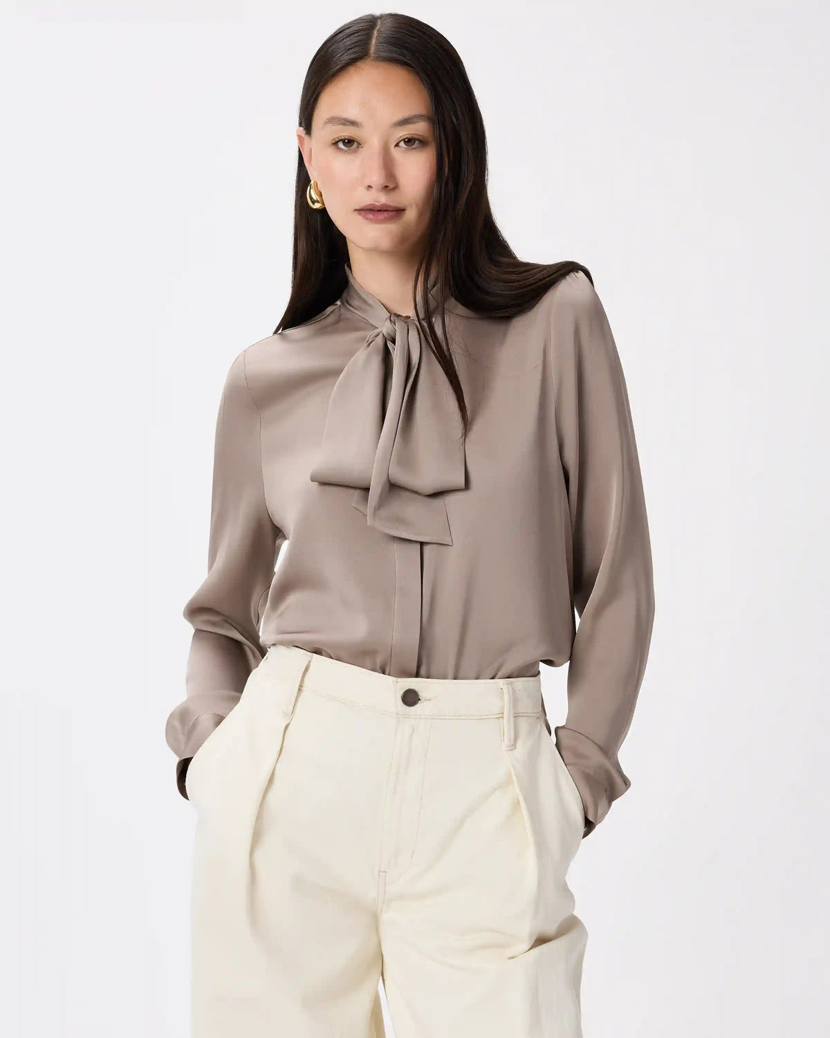 Washable Stretch Silk Tie Neck Blouse