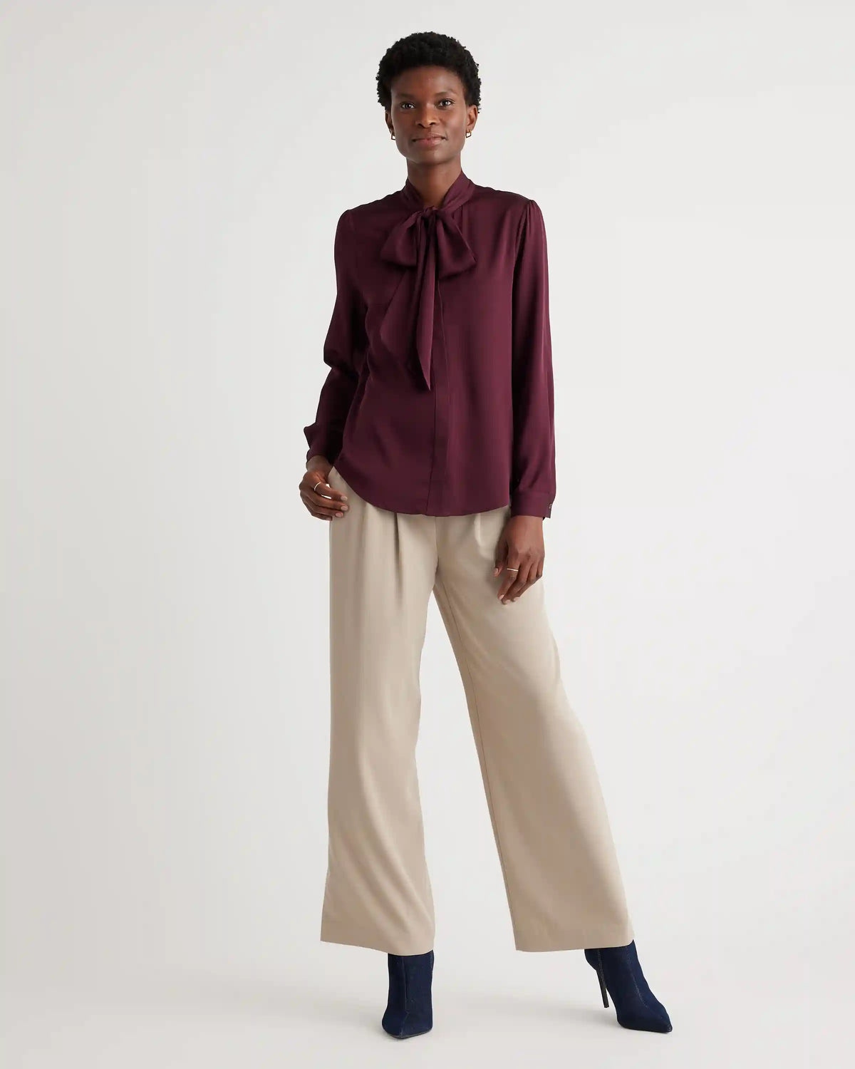 Washable Stretch Silk Tie Neck Blouse